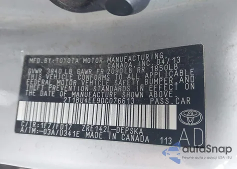 2013 Toyota Corolla S z USA, uszkodzony, nr VIN 2T1BU4EE9DC076613